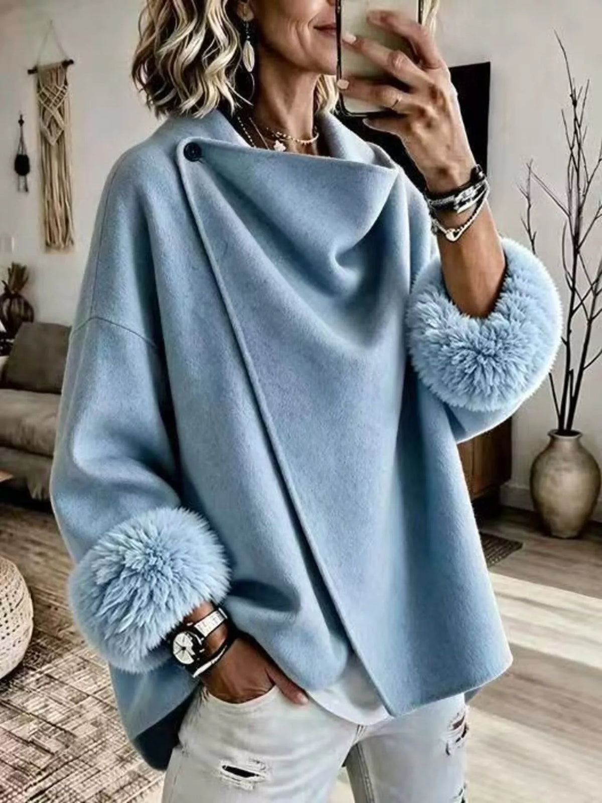 Asymmetric Buttoned Jacket with Faux Fur Cuffs, front view