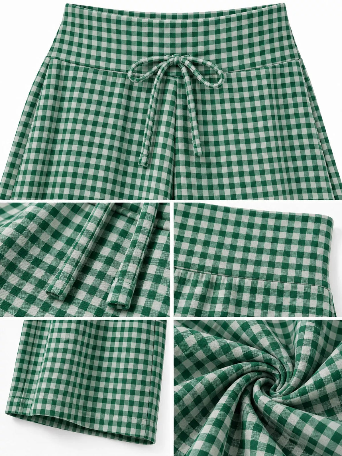 Green gingham drawstring wide-leg pants — design and construction details