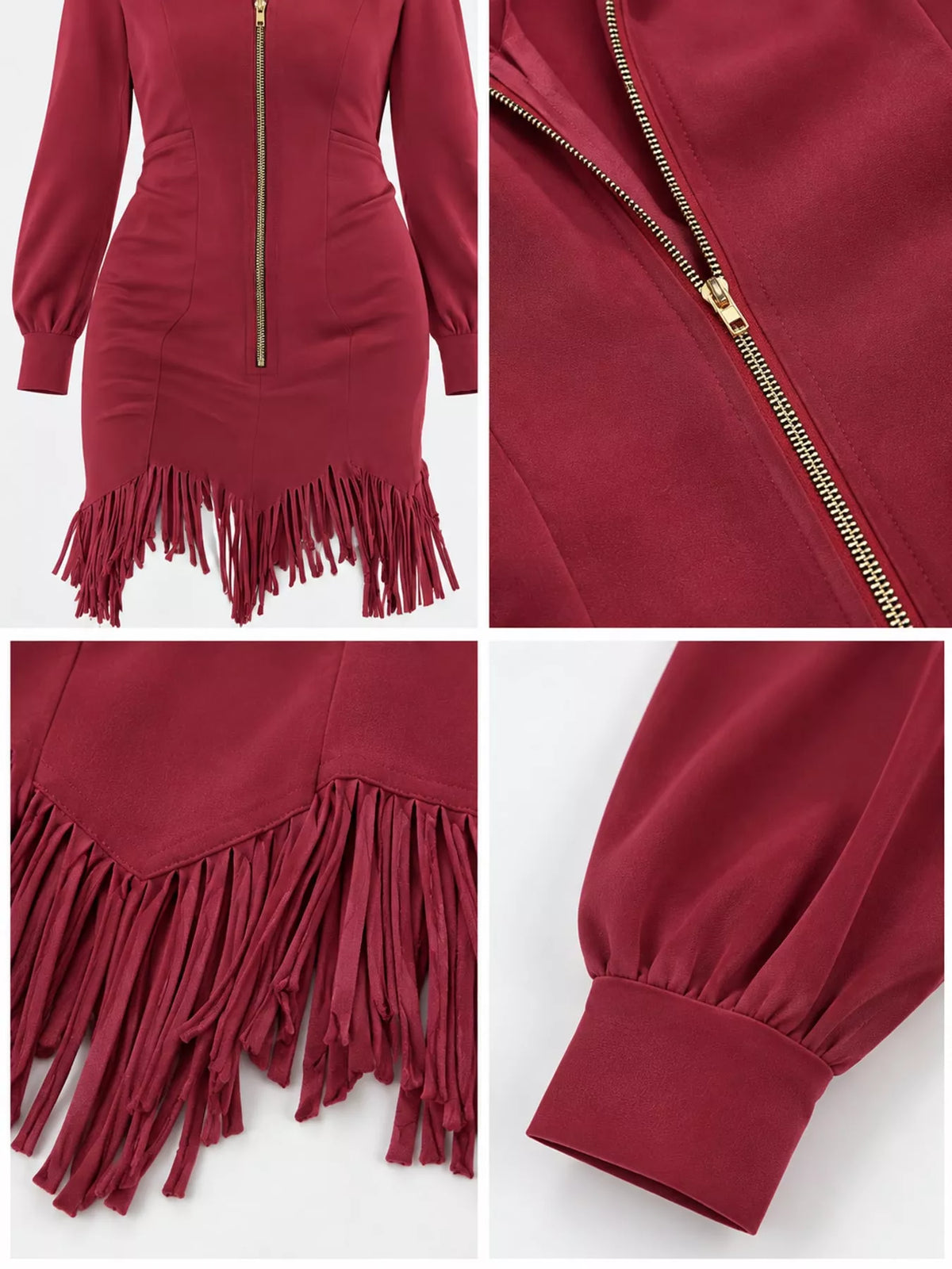 Burgundy zip front long sleeve fringe mini dress, detail view