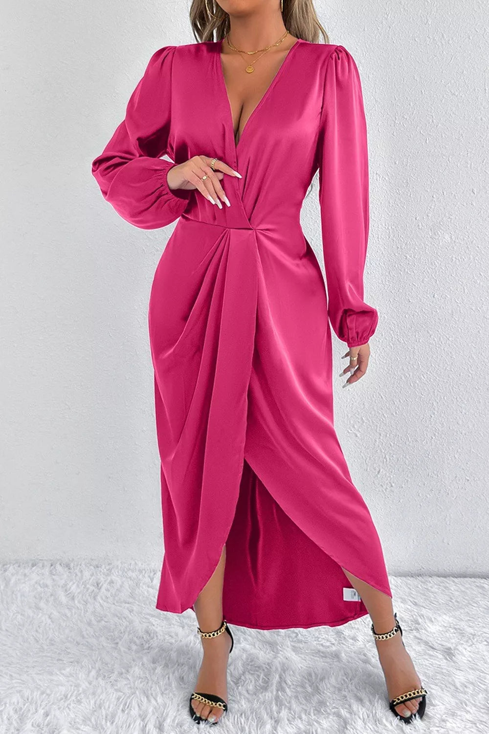 Trendsi Satin Balloon Sleeve Midi Dress -