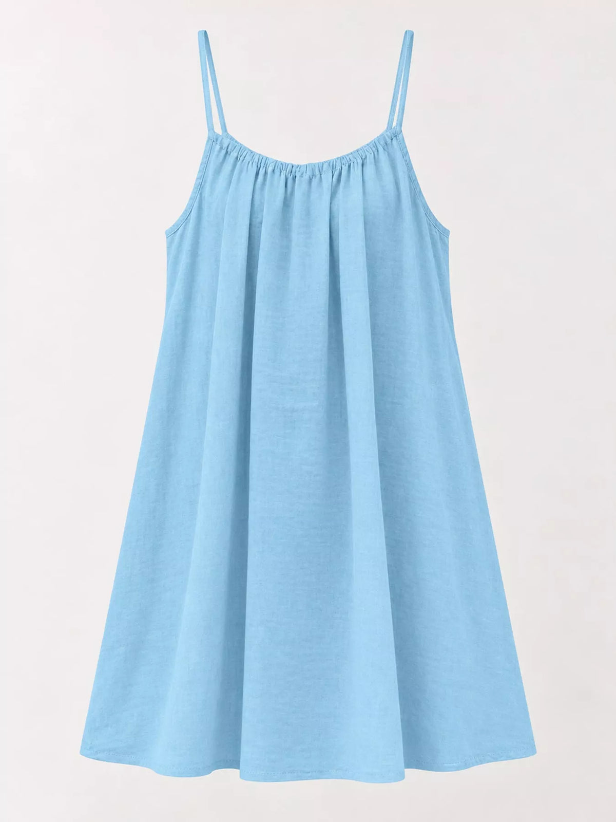 Light blue spaghetti strap A-line mini dress with open tie back
