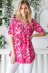 Trendsi Heimish Full Size Short Sleeve Crisscross Animal Babydoll Top Plus Size - Shirts