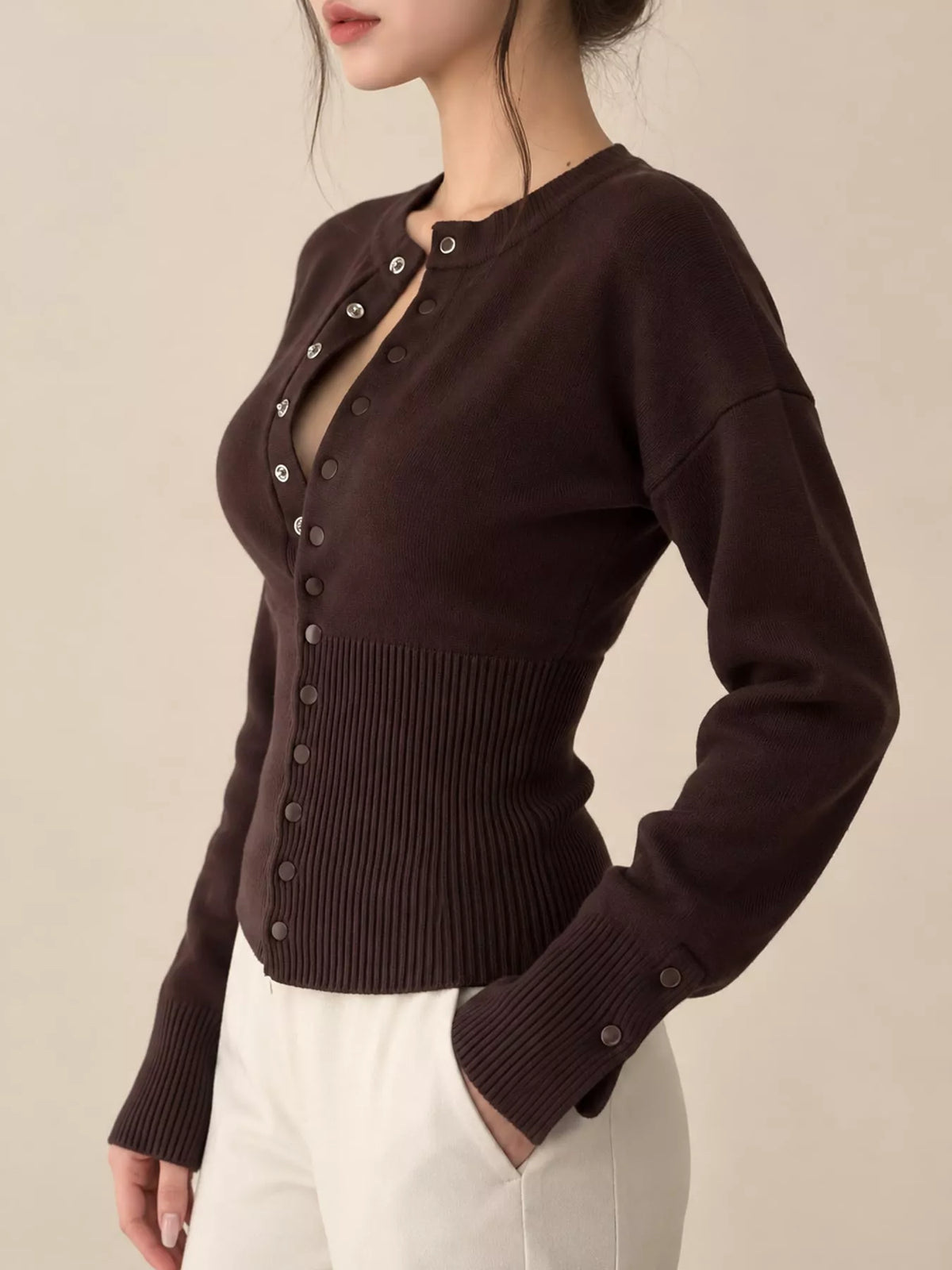 Coffee button up ribbed waist cardigan