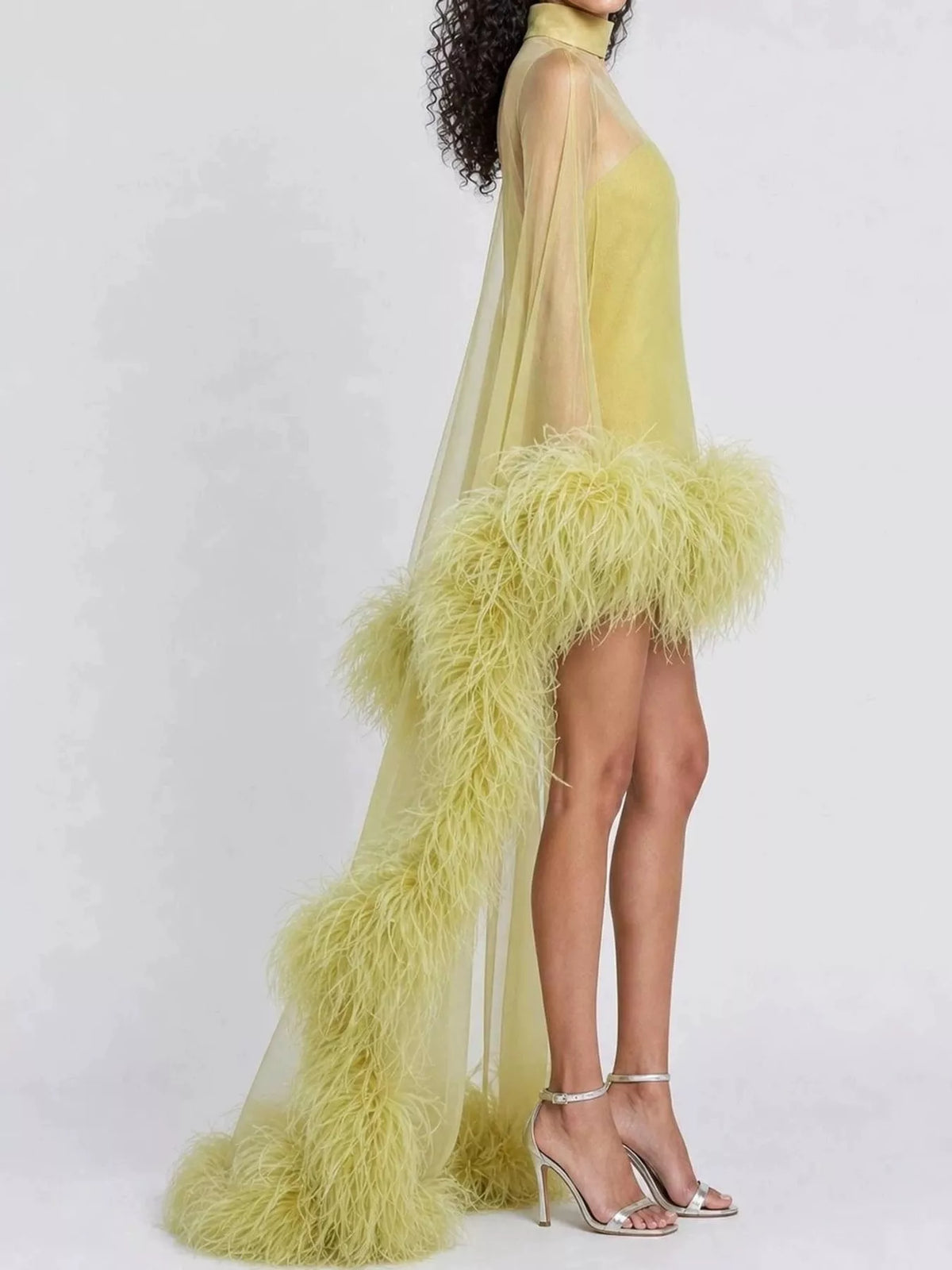 Green feather-trimmed sheer mock neck mini dress, back view