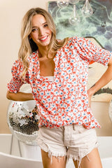 Trendsi BiBi Floral Jqd Smoked Puff Sleeves V Neck Top - Shirts
