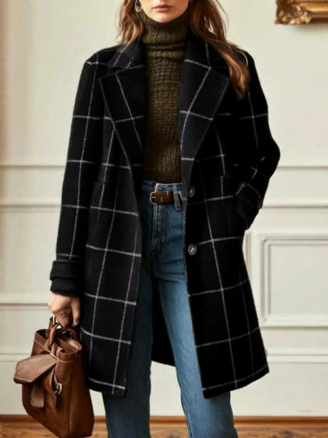 Trendsi Full Size Plaid Lapel Collar Longline Single-Breasted Overcoat Plus Size -