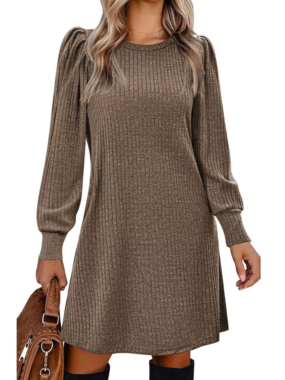 Ribbed puff-sleeve dress, brown front
