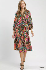 Trendsi Umgee Abstract Print Embroidered Belted Midi Dress - Dresses