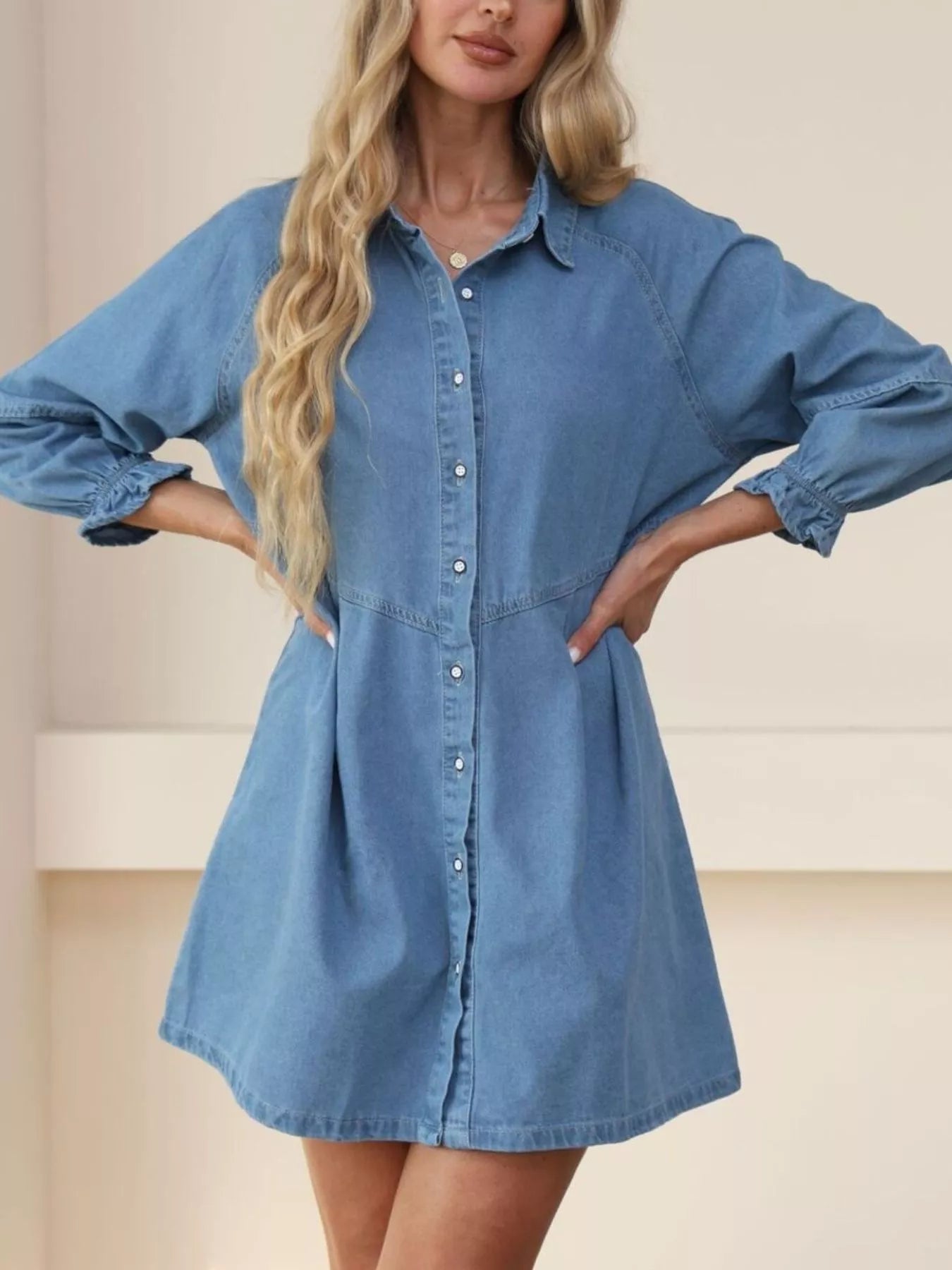 Trendsi Classic Button-Down Long Sleeve Denim Shirt Dress -
