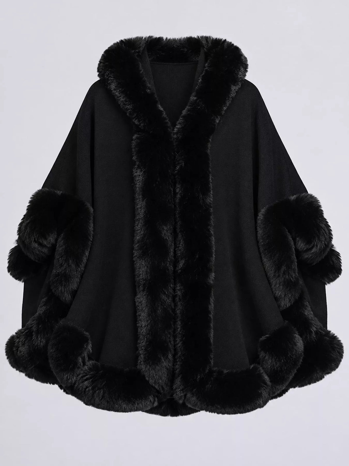 Faux-fur-trim cape, black flat lay