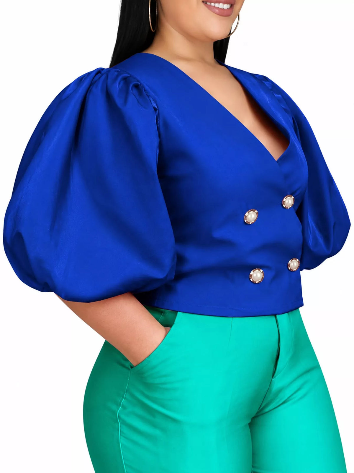 Royal blue double-breasted puff sleeve blouse