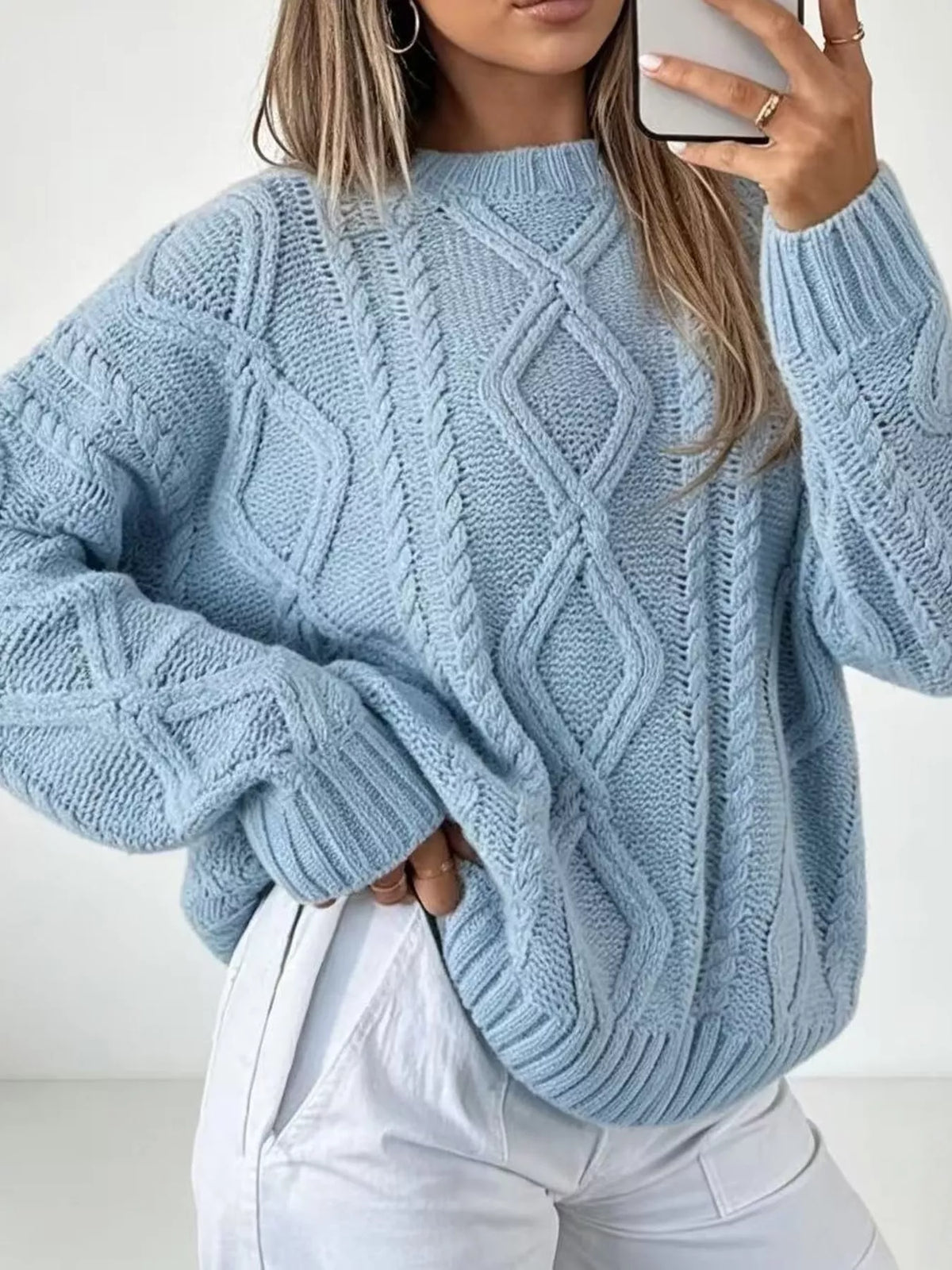 Blue cable-knit round neck sweater