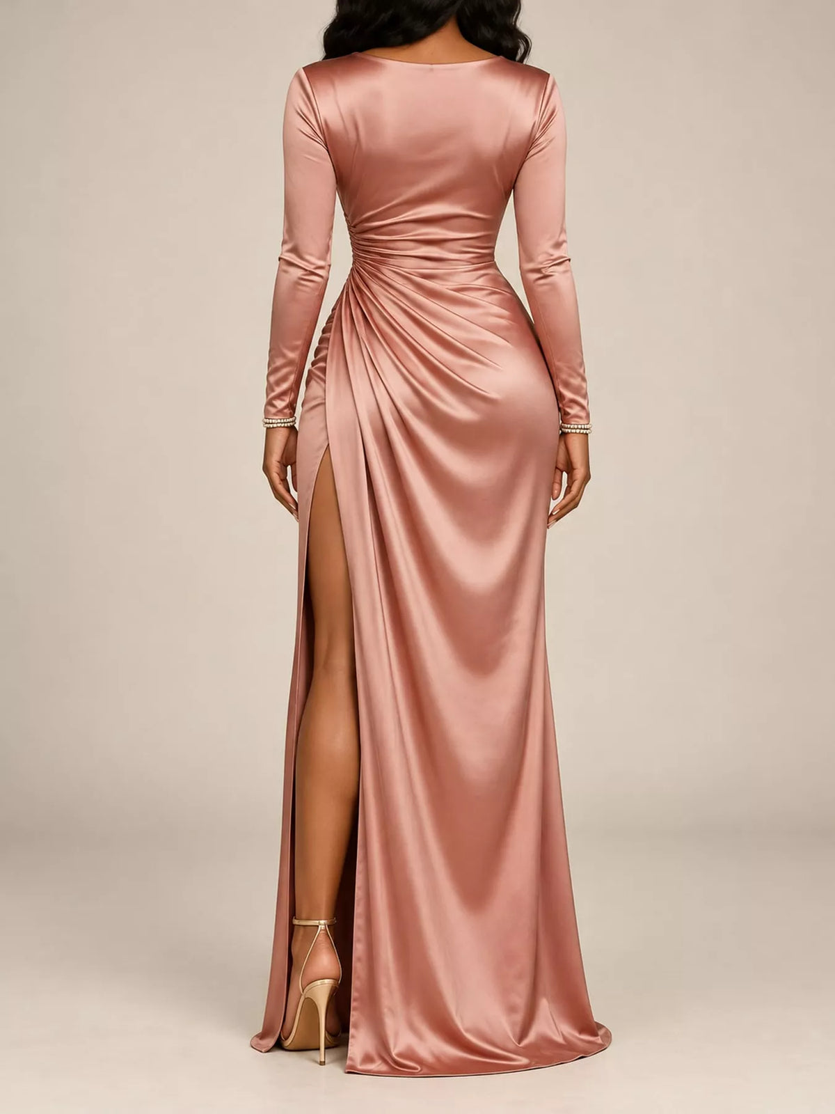 Rose gold satin cowl neck high slit maxi dress, back view