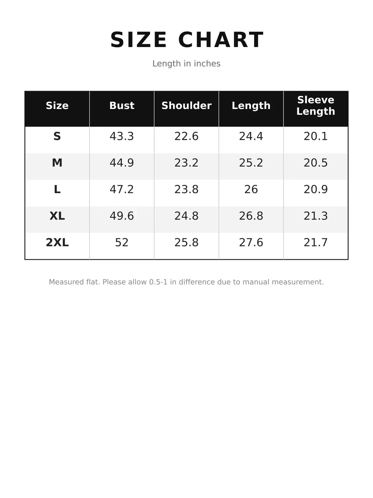 Stand Collar Sherpa Fleece Zip-Up Jacket — size and measurement chart