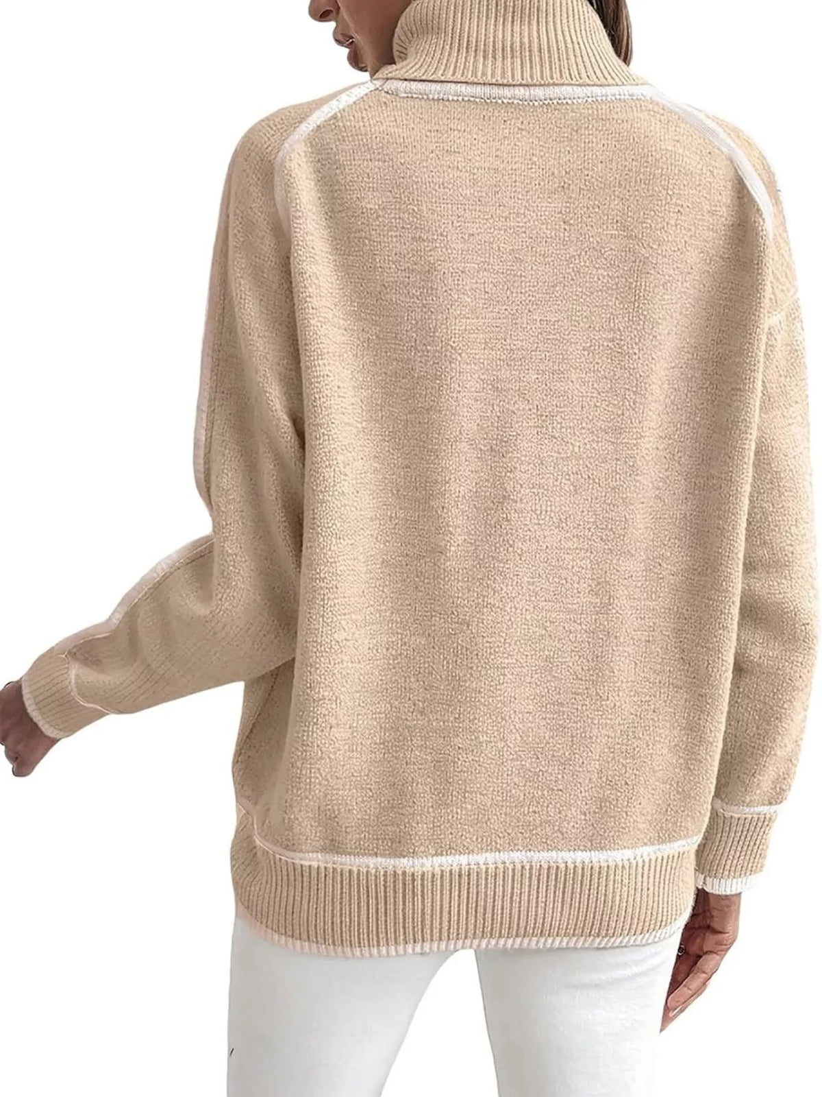 Women's Contrast Trim Ribbed Hem Turtleneck Sweater in White, front view