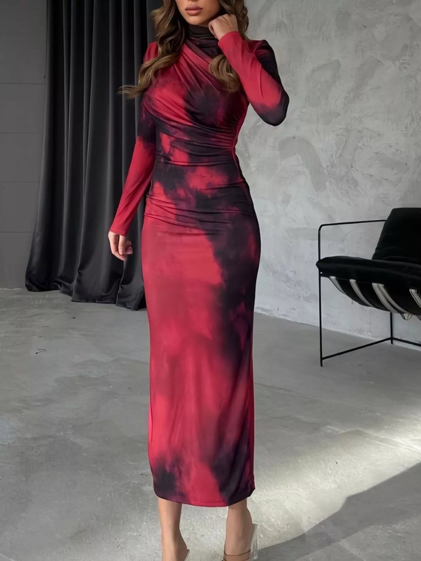 Trendsi Mock Neck Long Sleeve Tie-Dye Bodycon Dress -