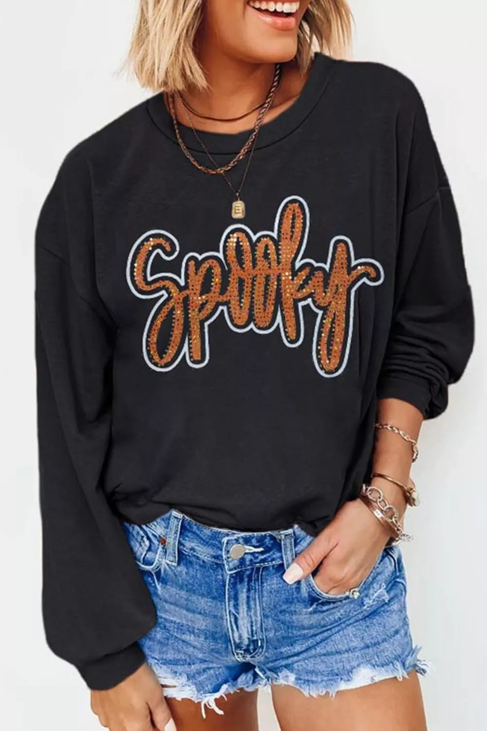 Trendsi Spooky Rhinestone Drop Shoulder Sweatshirt -