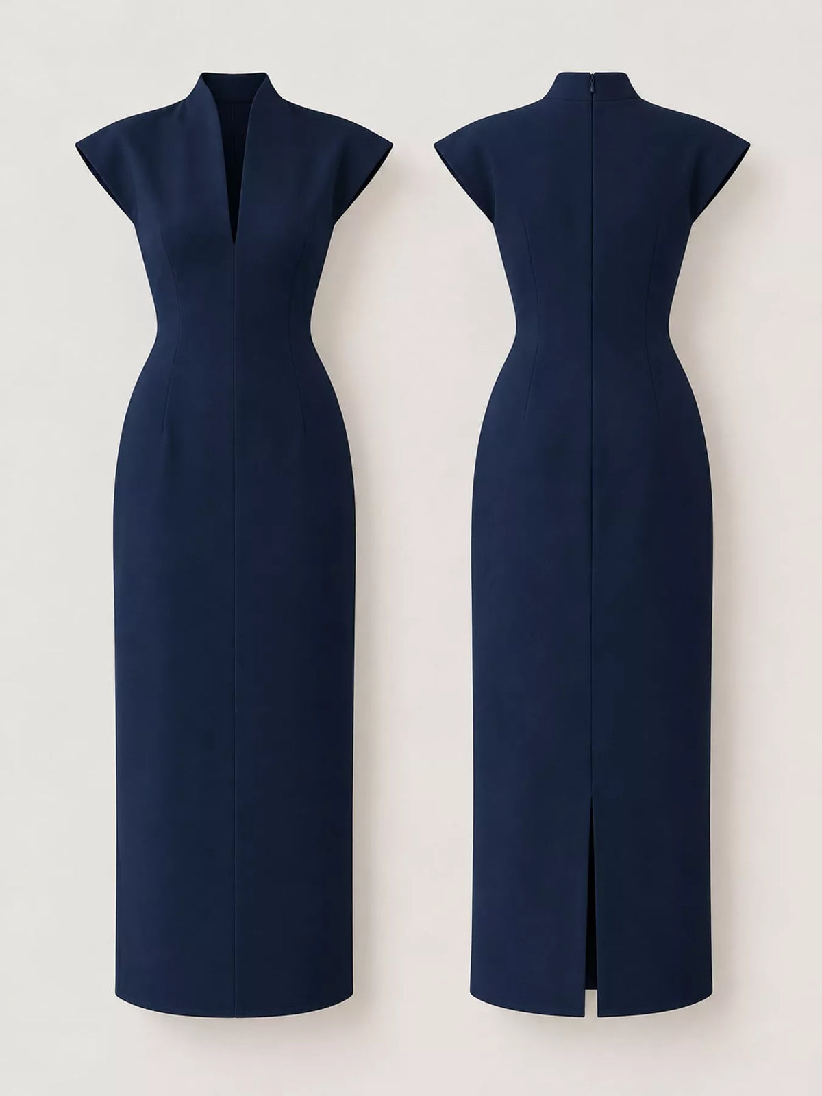 Women's Slit Sleeveless Bodycon Midi Dress in navy — front and back view