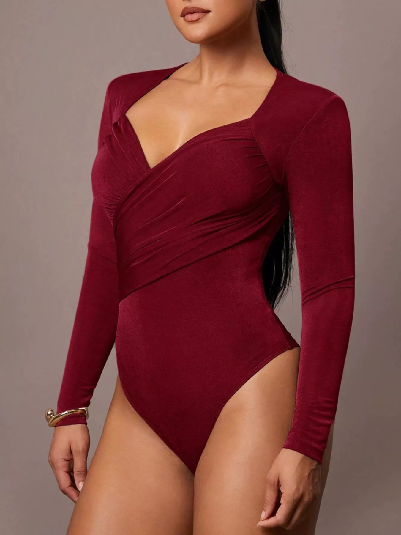 Trendsi Ruched Surplice Long Sleeve Bodysuit -