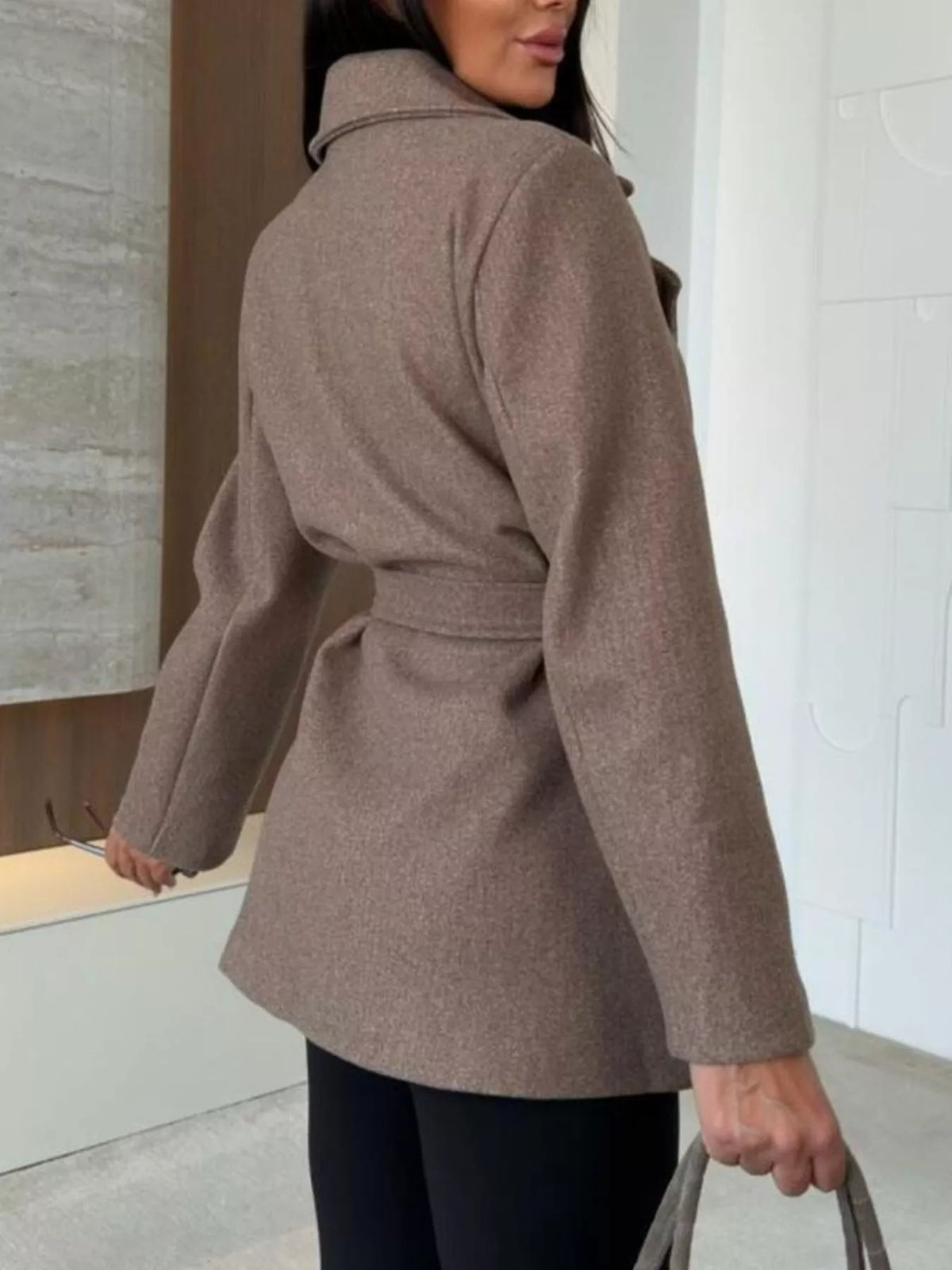 Mocha double-breasted belted wool-blend coat, back view