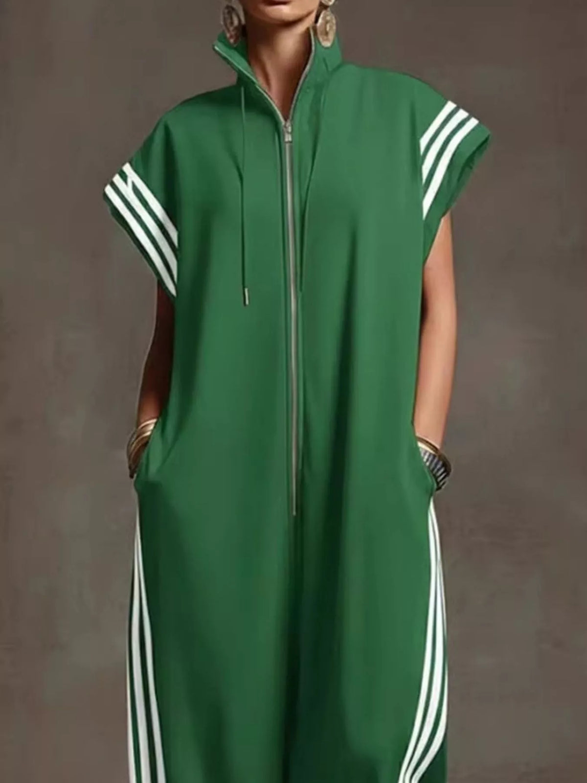 Trendsi Full Size Side Stripe Zip-Front Wide Leg Jumpsuit Plus Size -