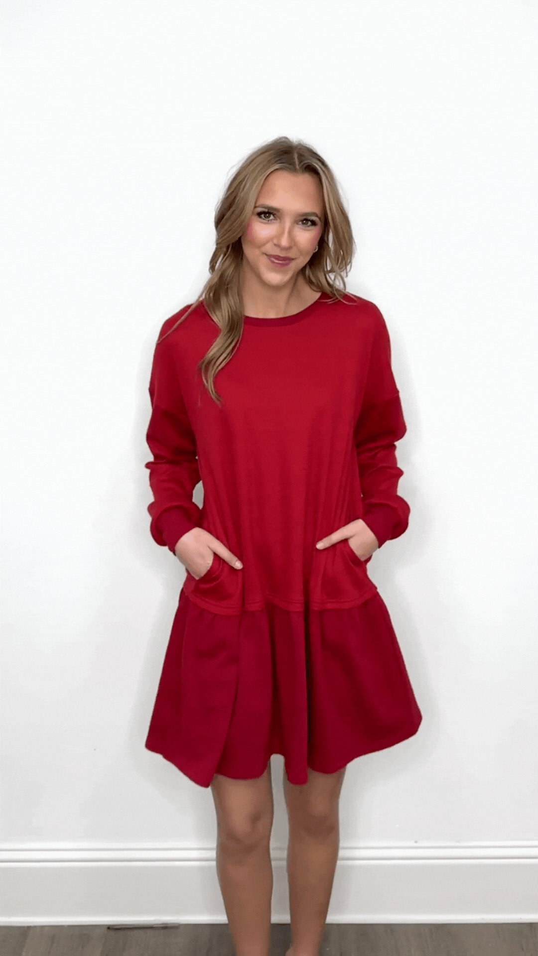 Waffle Knit Long-Sleeve Dress, Red