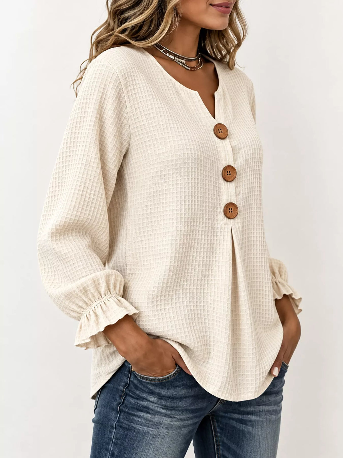 Women's Waffle Knit Flounce Sleeve Blouse in cream — front view