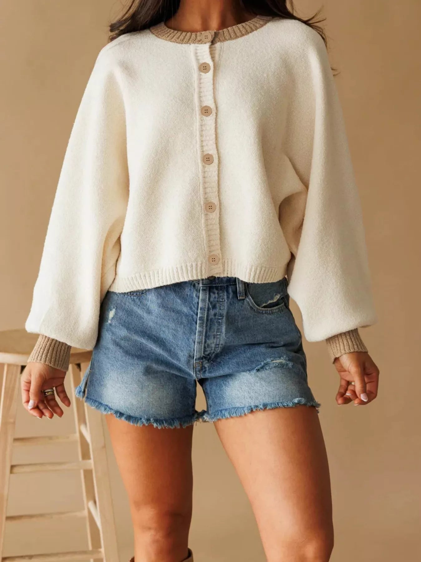 Trendsi Button-Front Knit Cardigan with Contrast Trim -