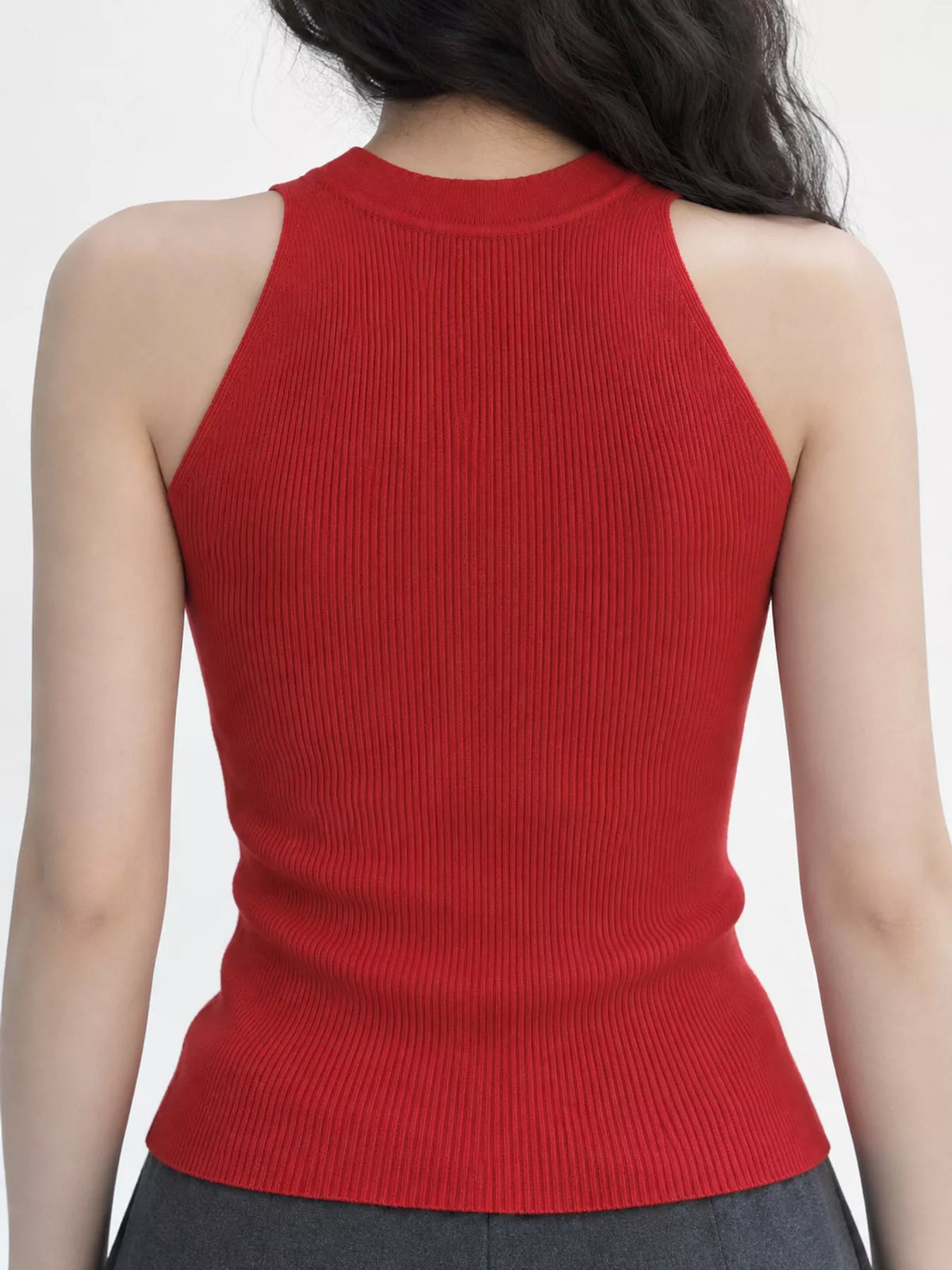 Red sleeveless mock neck ribbed knit tank top, back view
