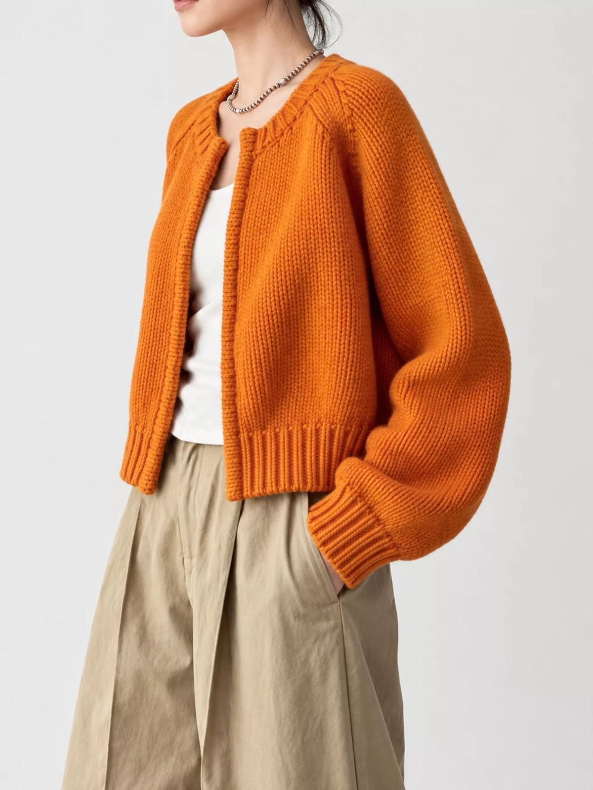Ribbed-hem cardigan, orange side