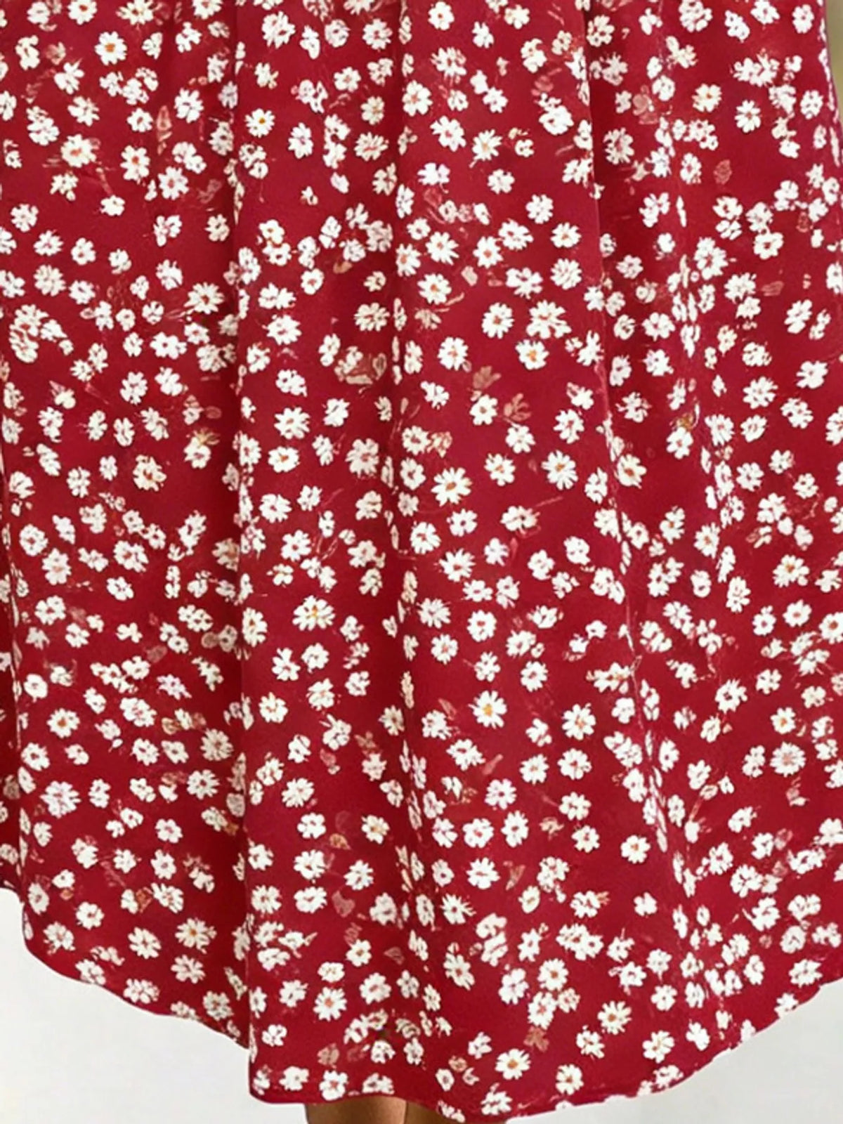 Red floral short sleeve midi dress with pockets, fabric print detail