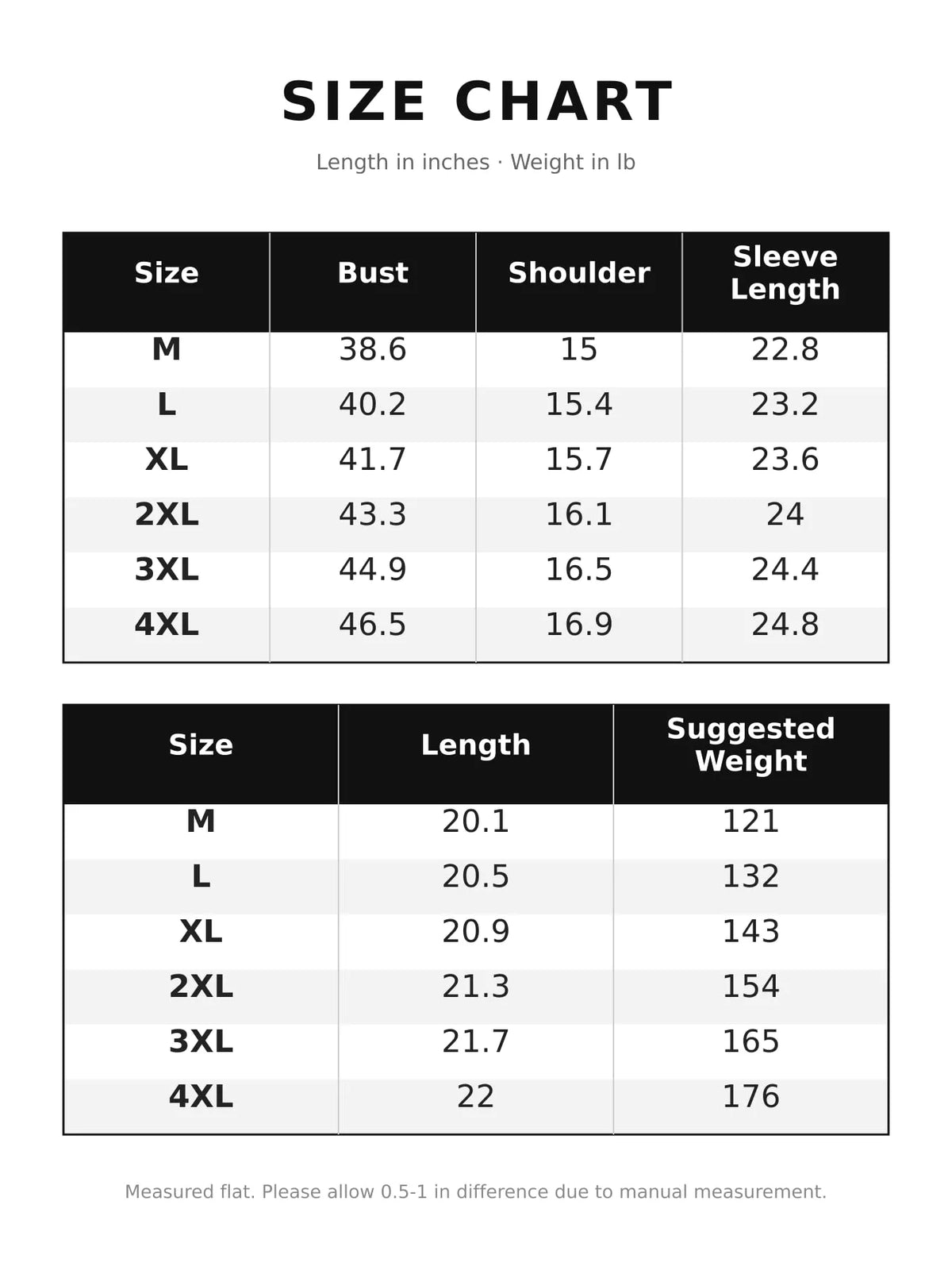 Collared long sleeve jacket, size and measurement chart