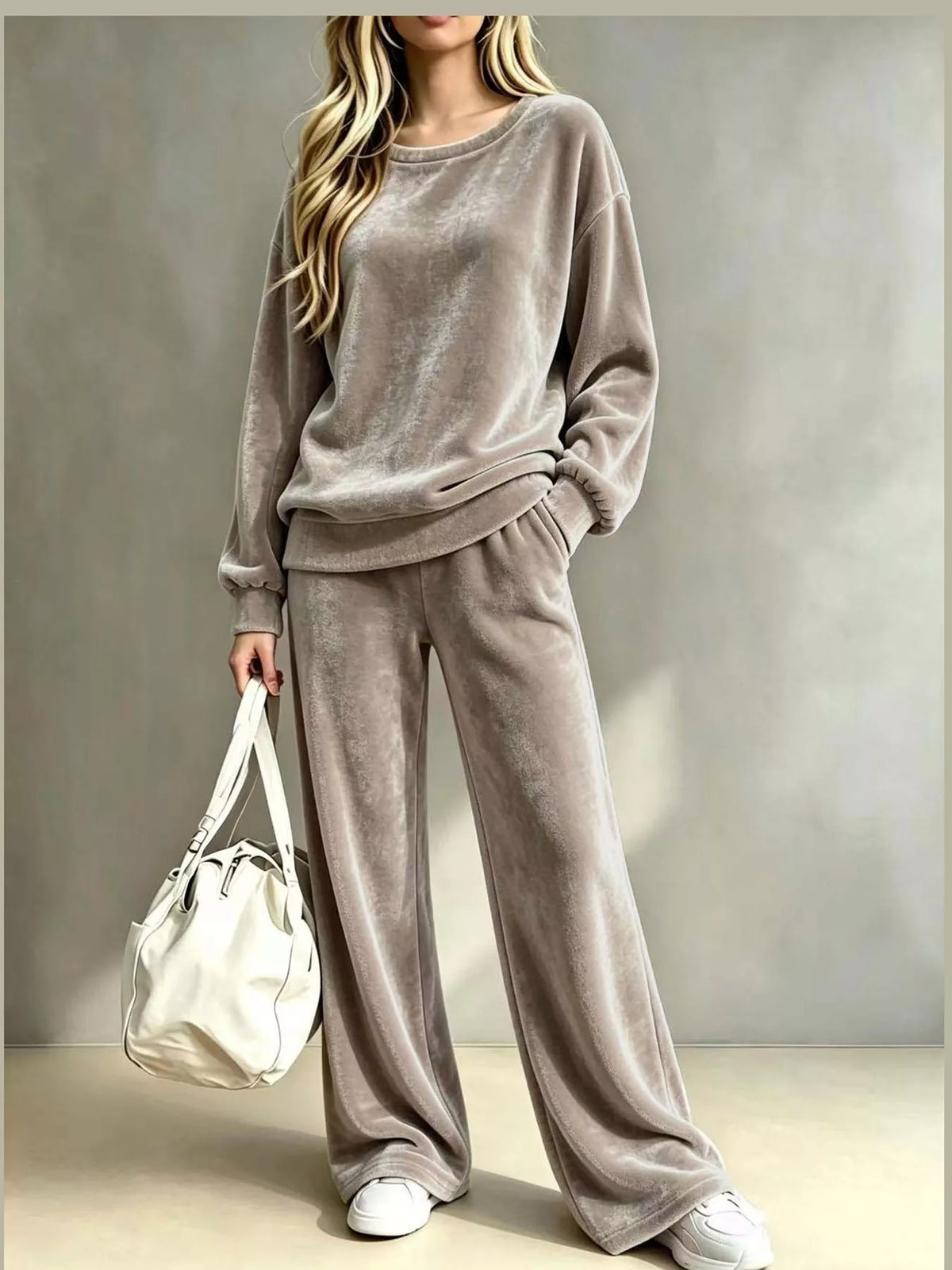 Velour Long Sleeve Top and Wide-Leg Pants Set — front view