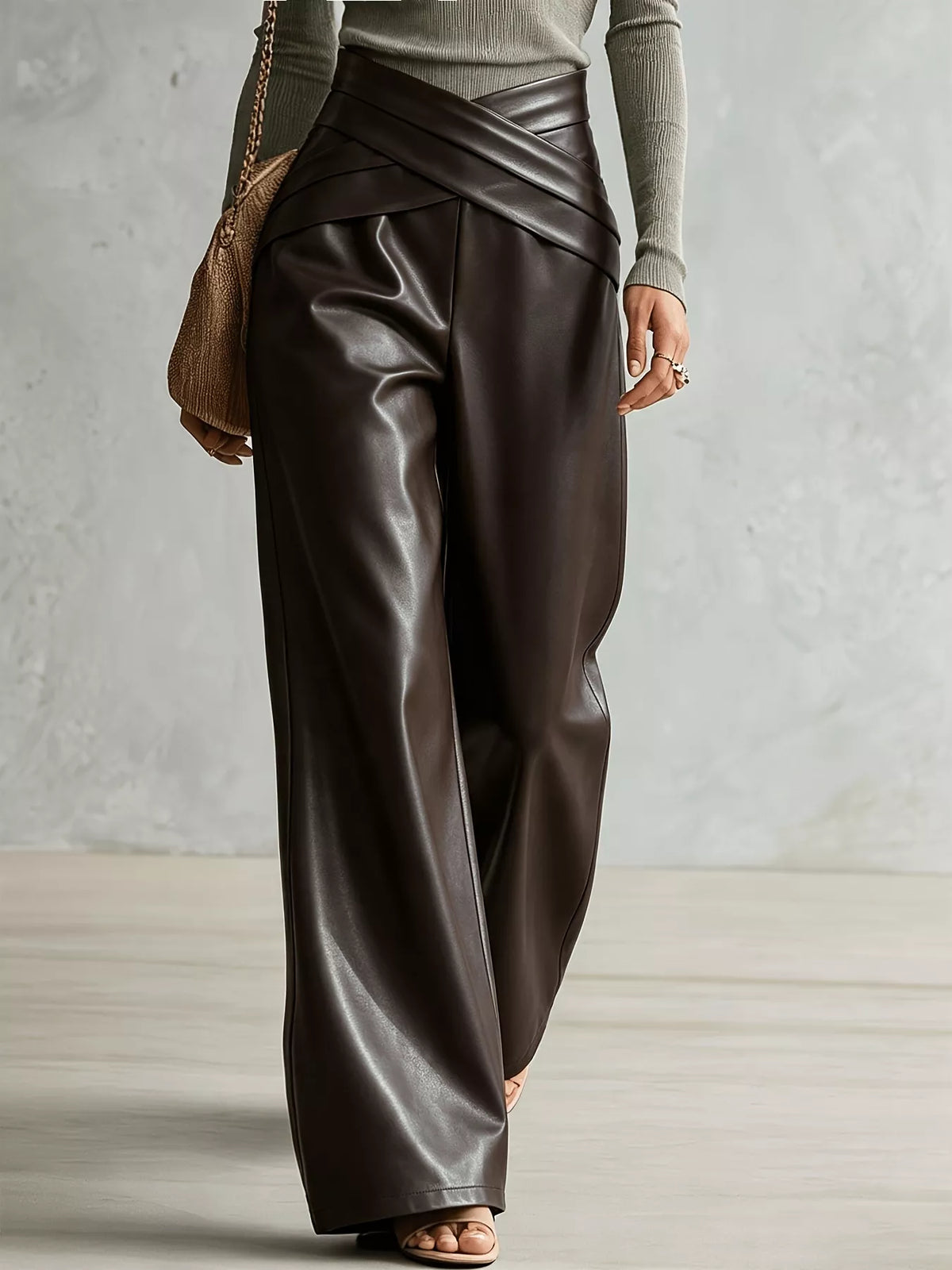 Brown Crisscross-Waist Wide-Leg Pull-On Pants front walking view