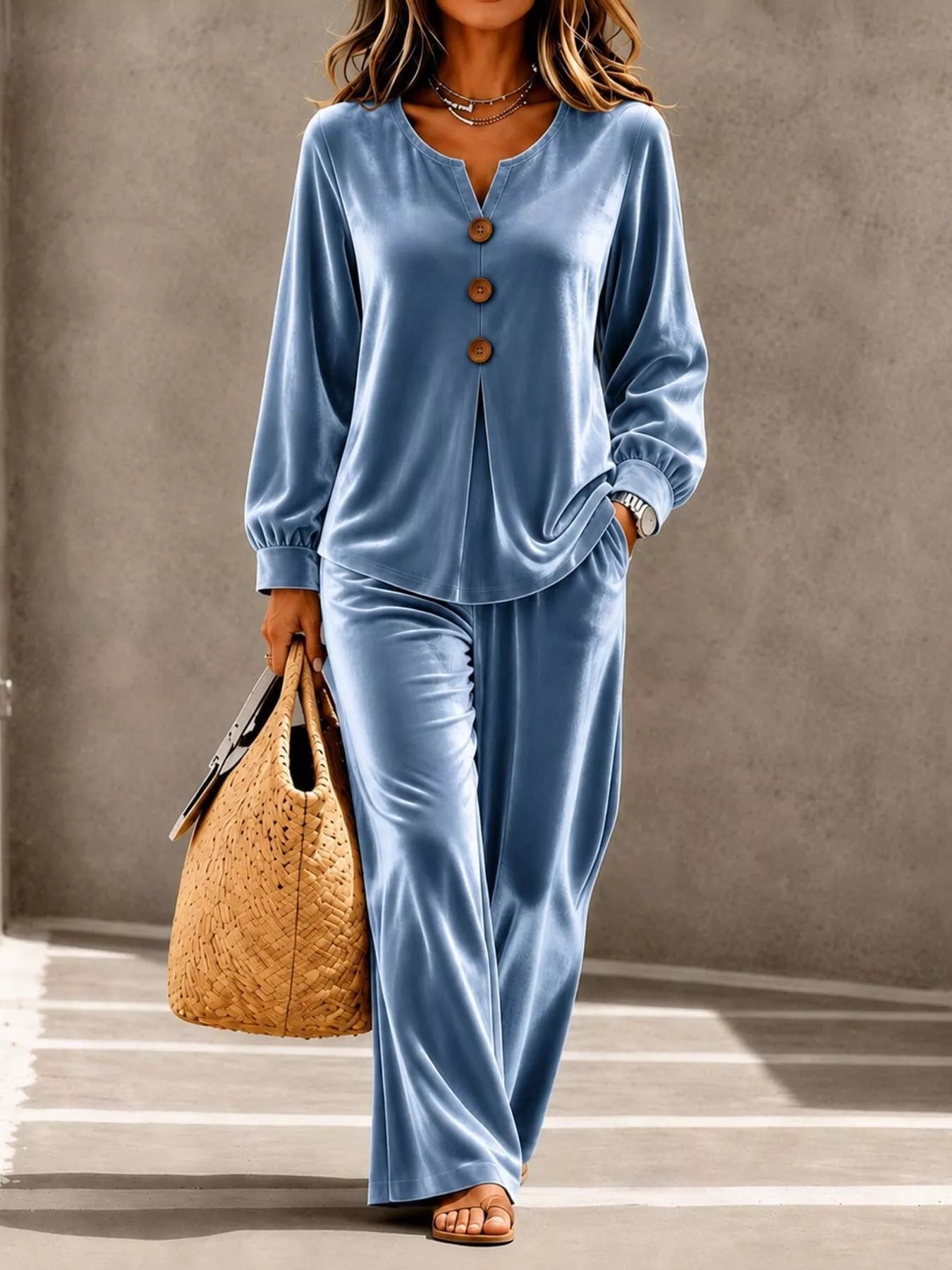 Trendsi Elegant Velvet Decor-Button Top and Pants Set -