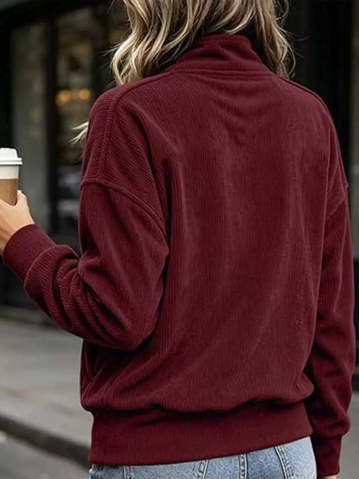 Quarter-snap sweatshirt, burgundy back shoulder