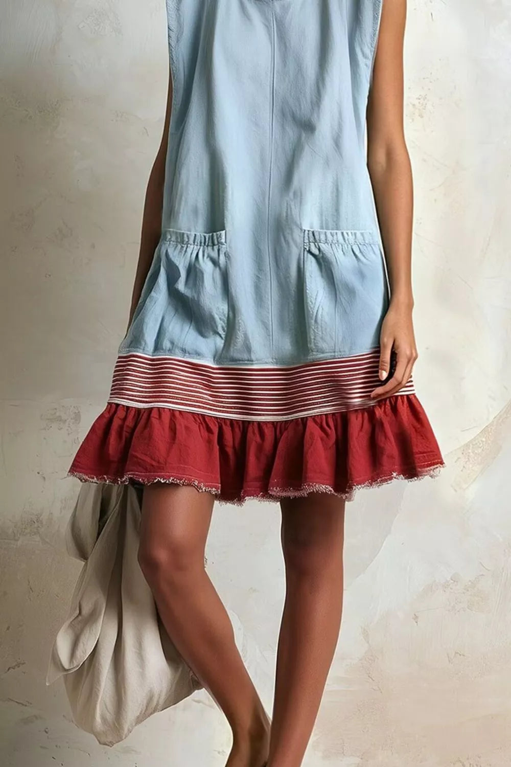 Light blue and burgundy ruffled-hem sleeveless dress, pocket and hem detail