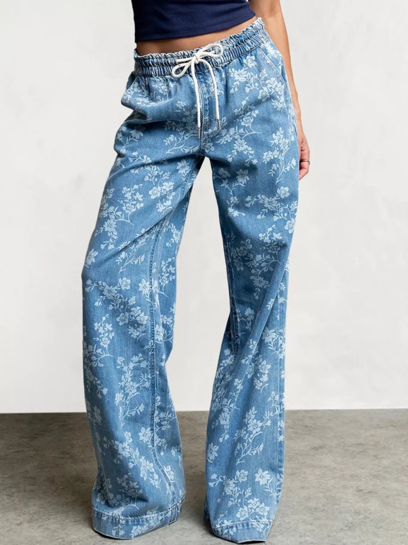 Trendsi Drawstring Floral Wide-Leg Jeans -