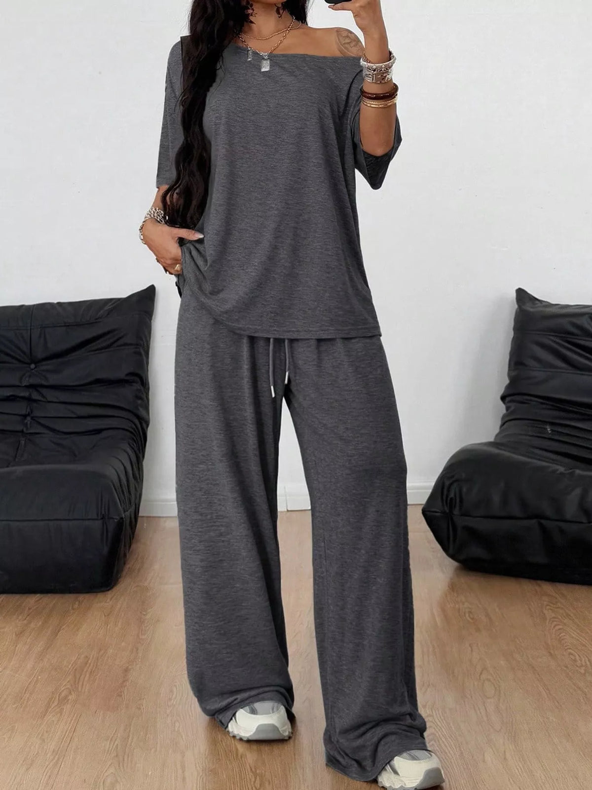 Dark gray boat neck top and wide-leg pants set — front view