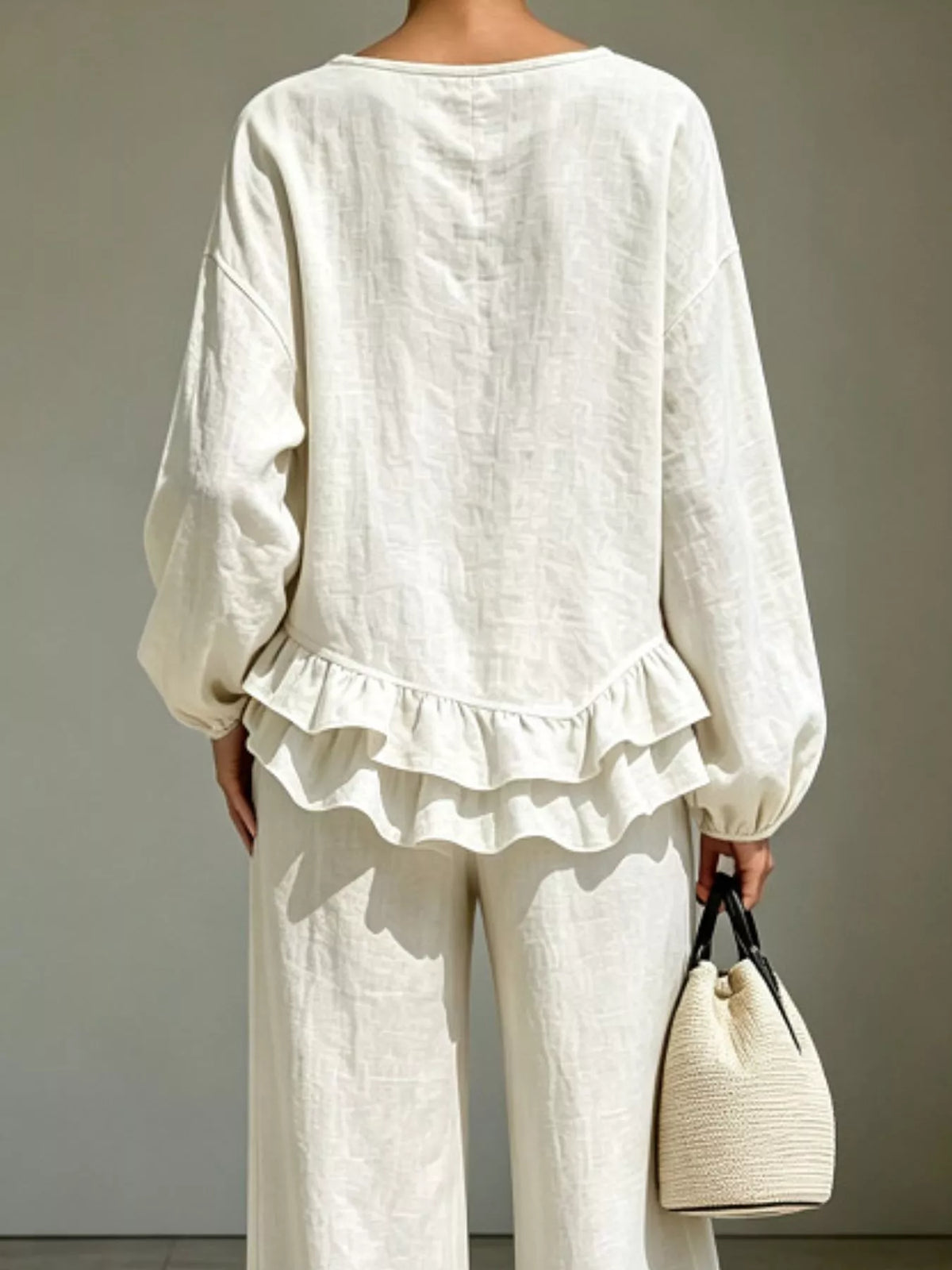 Ruffled Hem Long Sleeve Top and Pants Set — back view
