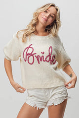 Trendsi BiBi Metallic Letter Short Puff Sleeve Hairy Sweater -