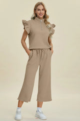 Trendsi Double Take Full Size Texture Ruffle Short Sleeve Top and Wide Leg Pants Set -