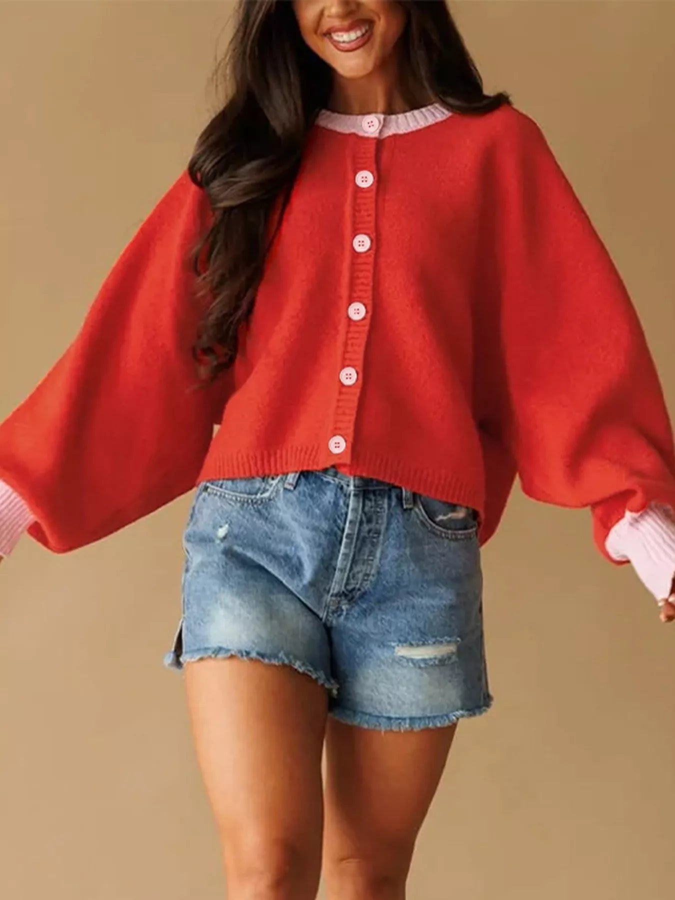 Trendsi Button-Front Knit Cardigan with Contrast Trim -