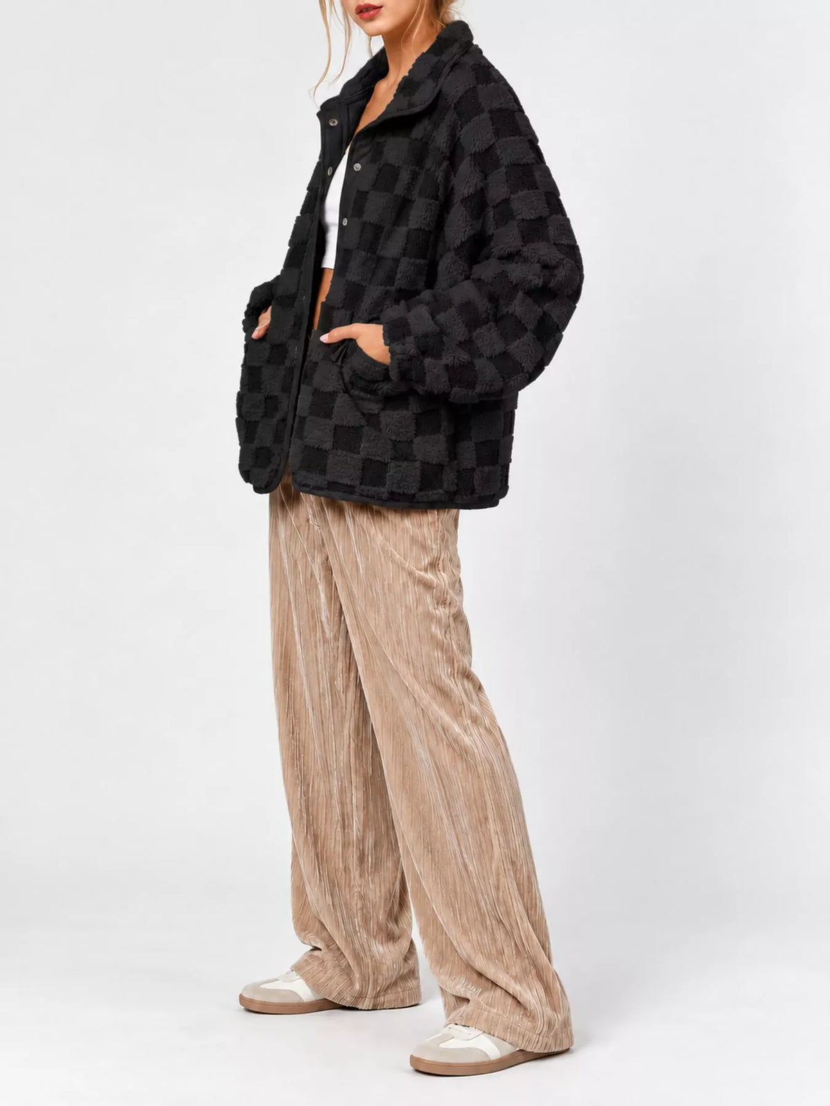 Black oversized checkerboard faux fur teddy jacket