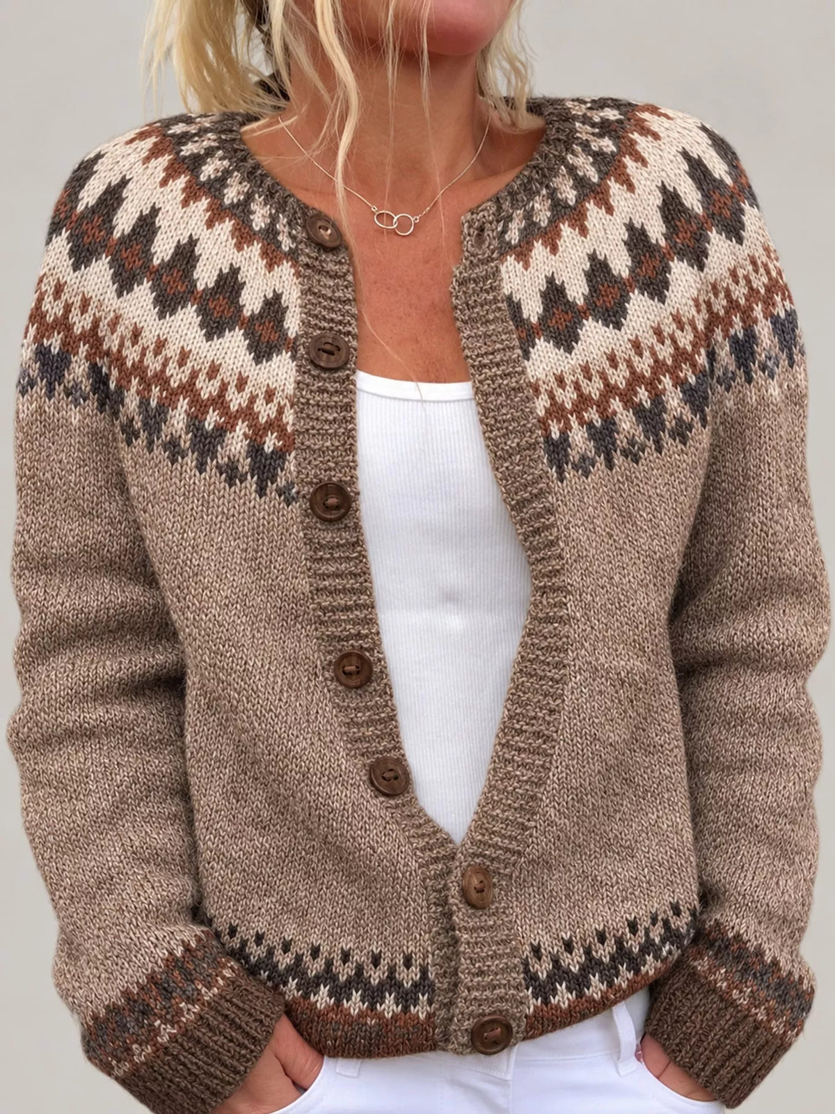 Pink-8722 patterned button-front knit cardigan