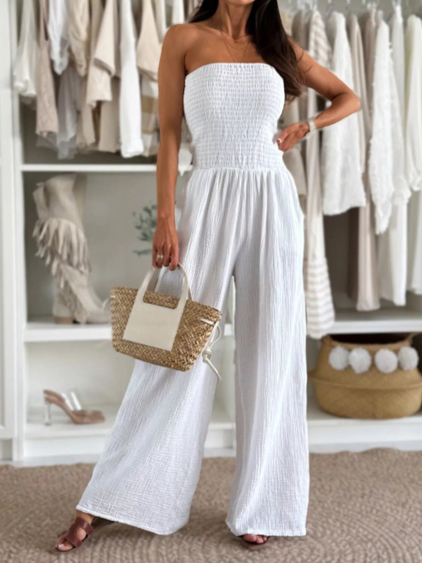 Trendsi Smocked Strapless Wide-Leg Jumpsuit -