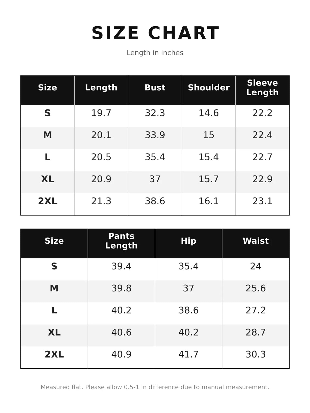 Size chart for zip-up jacket and wide-leg pants set