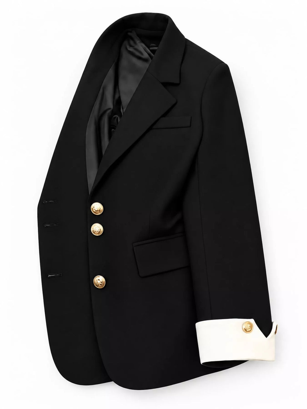 Black single-breasted blazer with gold-tone buttons, side view