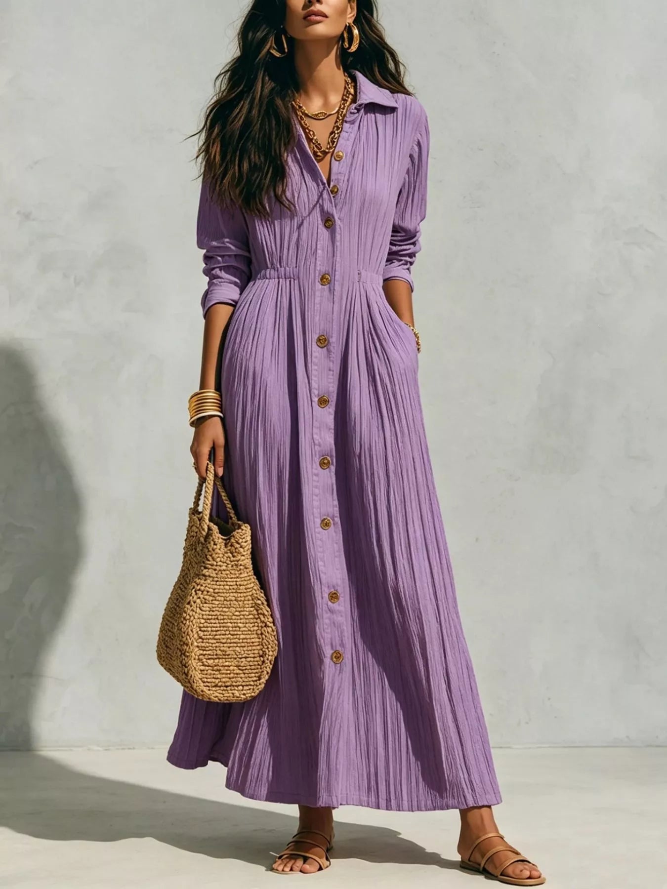 Trendsi Full Size Textured Button Front Long Sleeve Maxi Dress Plus Size -