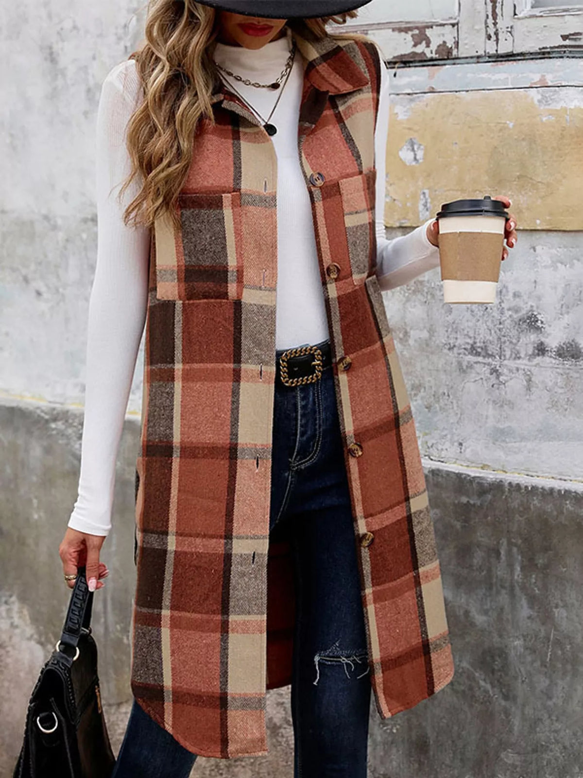 Longline Plaid Button-Down Vest Coat in rust and beige